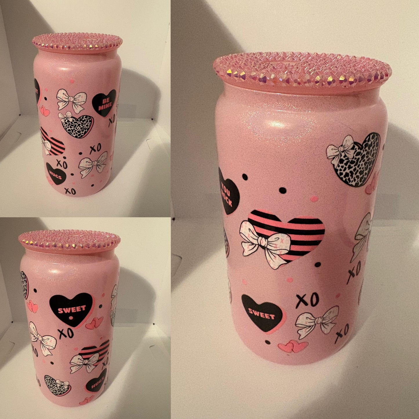 Hearts shimmer glass can with rhinestone lid
