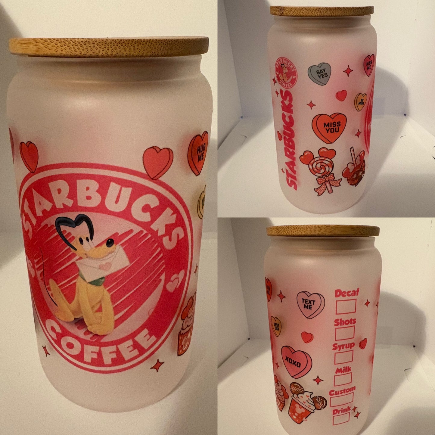Starbies Dog Hearts frosted glass can